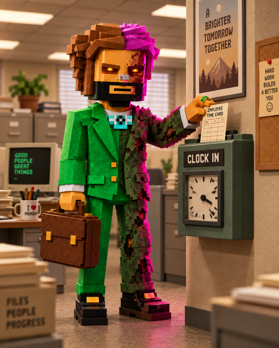 Full-body voxel Tony clocking in at Stonk Brokers